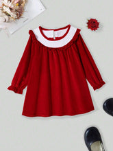 1pc Red Velvet Collar & White Ruffle Trim Long Sleeve Dress, Fall/Winter